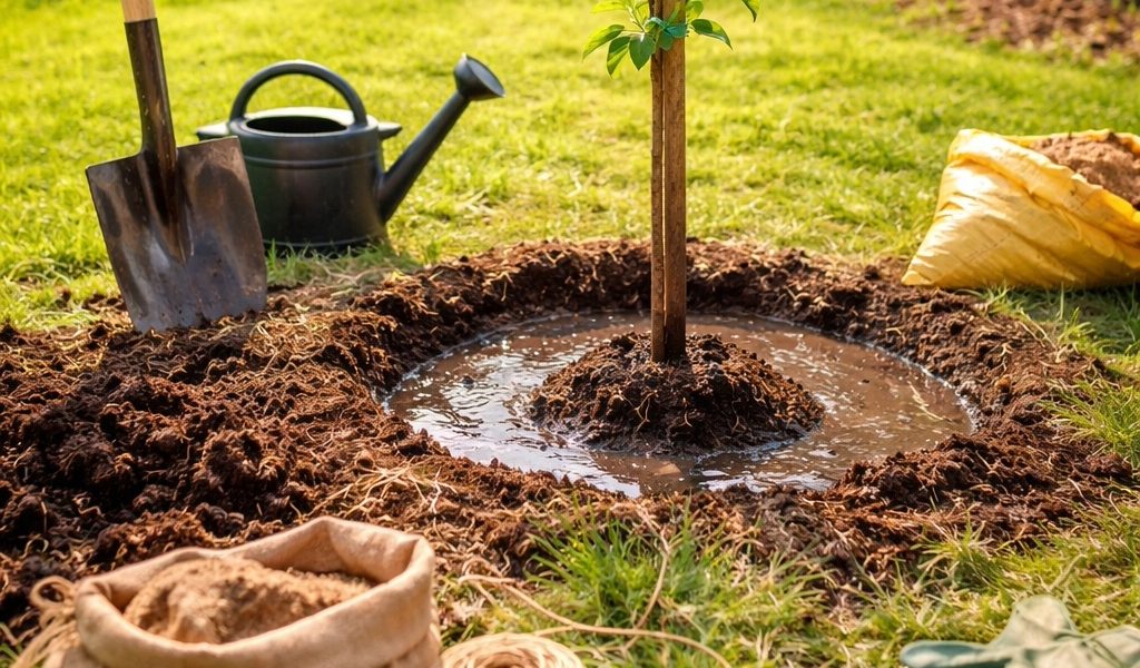Pravilno posajena sadika sadnega drevesa z oporo