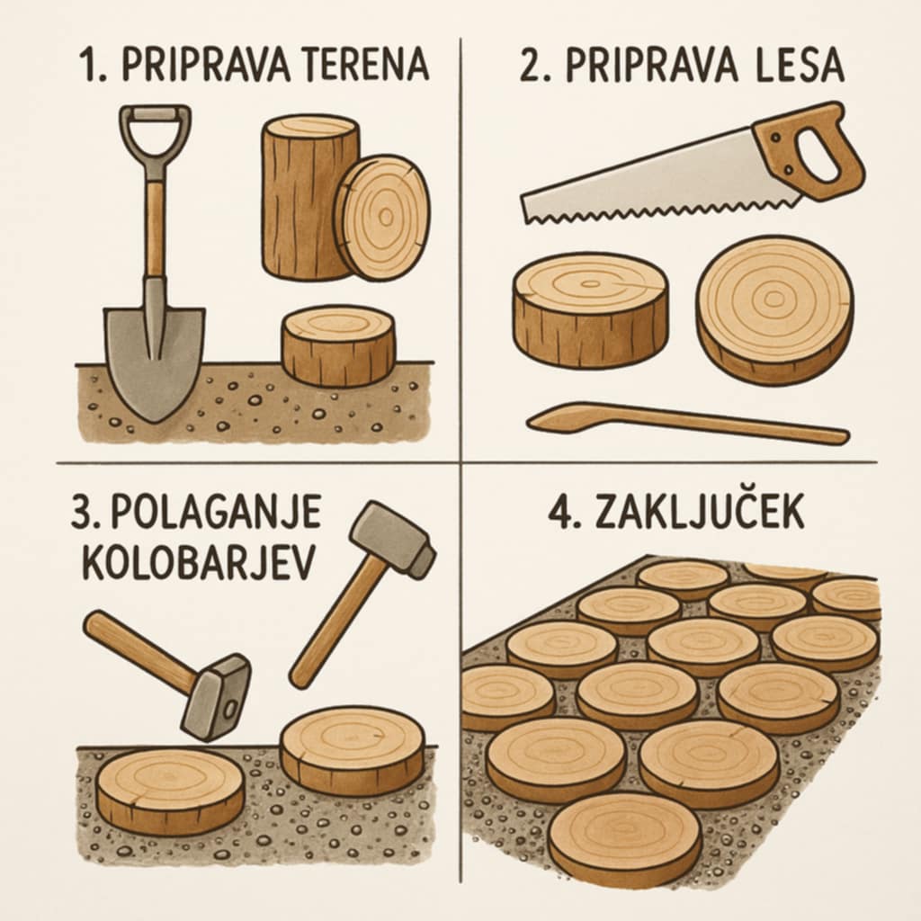 Postopek izdelave vrtne poti iz lesenih "diskov"