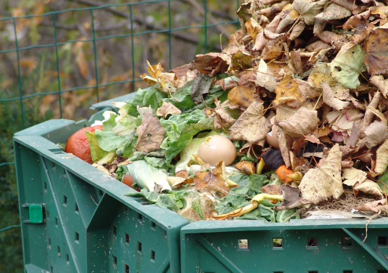 esenski kompostni kup, prekrit s plastjo listja in zemlje