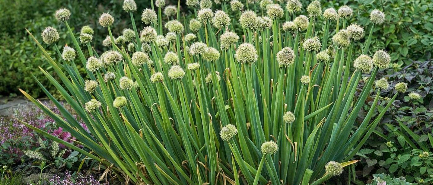 Gost šop stoletne čebule z značilnimi okroglimi cvetovi, ki privabljajo opraševalce