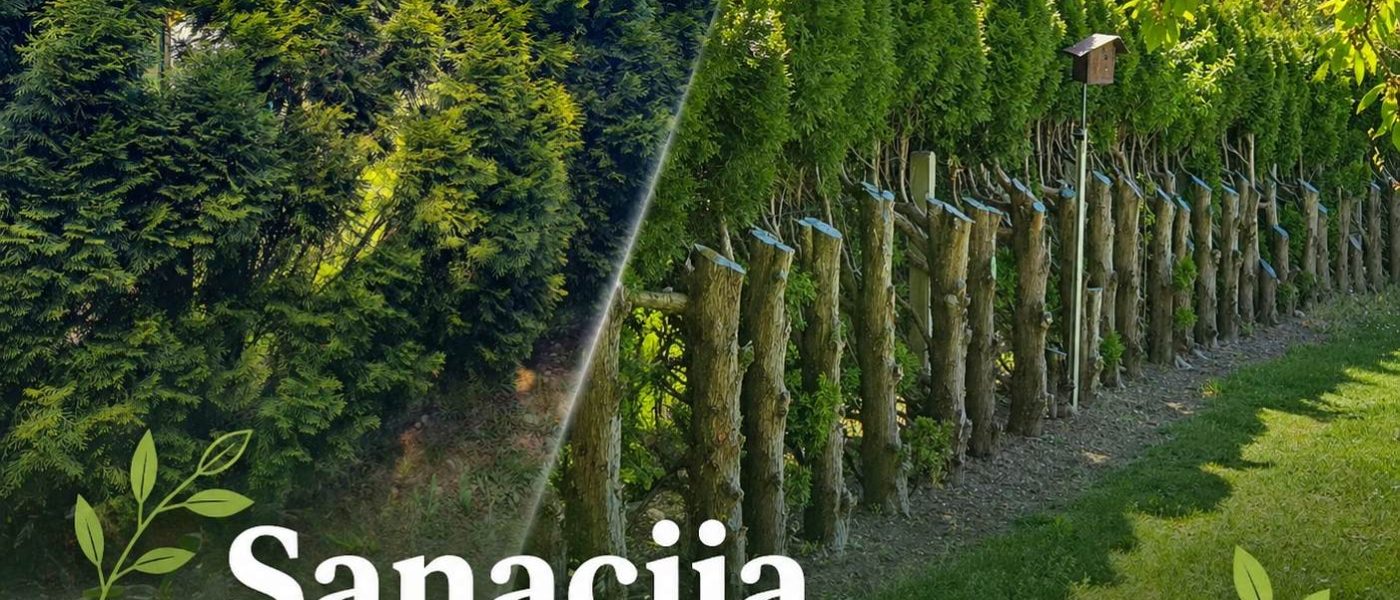 Levo obnovljena in izredčena živa meja iz tuj. Desno notranja stran ćive meje z rezjo na deblo