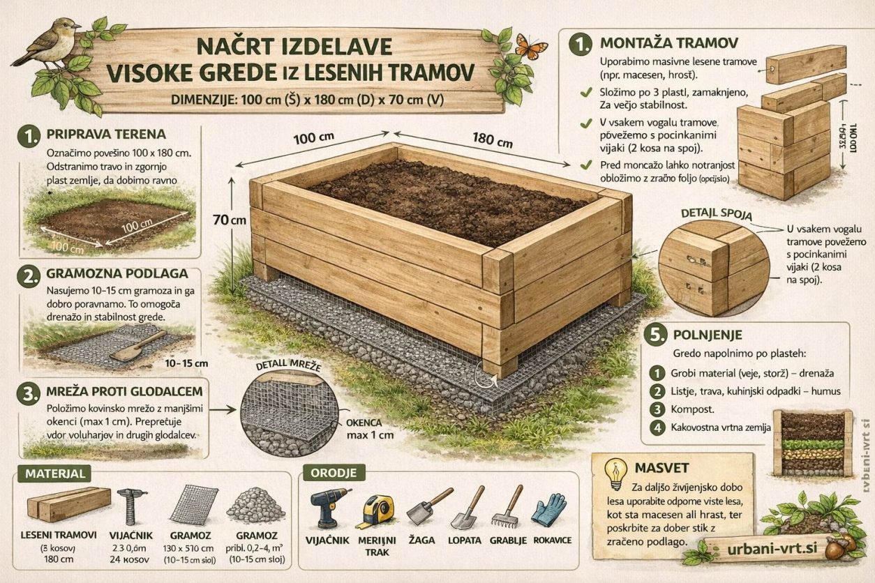 Načrt za izdelavo visoke grede iz lesenih tramov