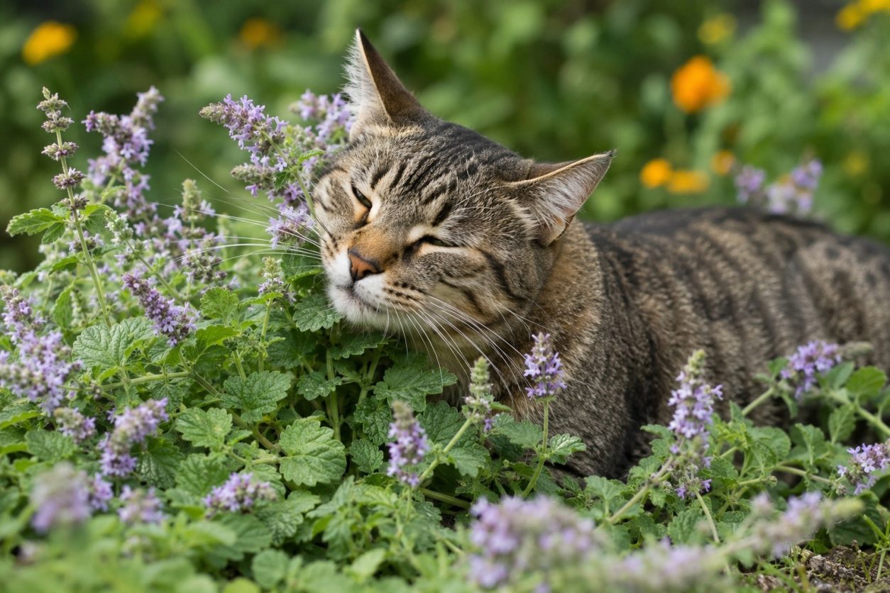 Bogato cvetoča mačja meta (Nepeta cataria) in domača mačka