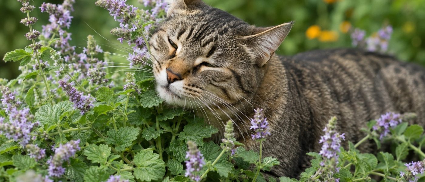 Bogato cvetoča mačja meta (Nepeta cataria) in domača mačka