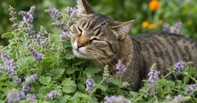 Bogato cvetoča mačja meta (Nepeta cataria) in domača mačka