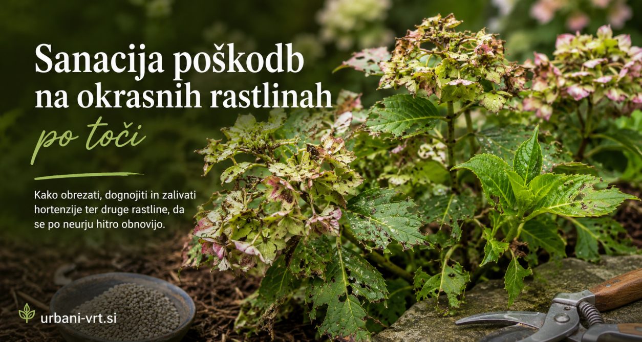 Sanacija poškodb na okrasnih rastlinah po toči: kako pomagati hortenzijam in drugim rastlinam do hitrega okrevanja Meta opis: Toča lahko v nekaj minutah močno poškoduje hortenzije in druge okrasne rastline. Preverite, kako pravilno odstraniti poškodovane dele, kdaj obrezovati, kako dognojiti in pospešiti obnovo rastlin po neurju. Ključne besede: sanacija poškodb po toči, hortenzija po toči, poškodbe rastlin zaradi toče, obrezovanje po toči, regeneracija okrasnih rastlin, nega hortenzij, dognojevanje po neurju, okrevanje rastlin Sanacija poškodb na okrasnih rastlinah po toči Poletna neurja s točo lahko v zelo kratkem času povzročijo precejšnjo škodo na vrtu. Med najbolj prizadetimi so pogosto hortenzije, hoste, dalije, kane, vrtnice ter številne druge okrasne rastline z velikimi listi in nežnimi poganjki. Čeprav je pogled na raztrgane liste in polomljena stebla lahko precej žalosten, večina teh rastlin premore izjemno sposobnost regeneracije. Pravilna oskrba v prvih dneh po neurju lahko bistveno vpliva na hitrost okrevanja in videz rastlin v nadaljevanju sezone. Najprej ocenimo obseg poškodb Po neurju ni priporočljivo takoj poseči po škarjah. Rastlinam je smiselno nameniti dan ali dva, da se poškodovani deli nekoliko osušijo in postanejo posledice bolje vidne. Tako lažje ugotovimo, kateri poganjki bodo preživeli in katere bo treba odstraniti. Posebej pri hortenzijah se pogosto zgodi, da so listi močno poškodovani, stebla pa ostanejo zdrava. V takšnem primeru rastlina običajno hitro požene nove liste iz spečih brstov. Kako obrezati hortenzije po toči Pri hortenzijah odstranimo predvsem polomljene poganjke in močno poškodovane cvetove. Rez opravimo tik nad zdravim parom listov ali nad dobro razvitim brstom. Če so poškodovani le posamezni listi, jih lahko pustimo na rastlini. Čeprav niso več estetski, še vedno sodelujejo pri fotosintezi in rastlini pomagajo ustvarjati energijo za obnovo. Pri močnejših poškodbah lahko poganjke skrajšamo za tretjino njihove dolžine. Hortenzije bodo pogosto že v nekaj tednih razvile novo listje in obnovile svojo gosto rast. Katere okrasne rastline se po toči najhitreje obnovijo Nekatere vrste imajo izjemno sposobnost ponovne rasti in jih poškodbe redko trajno prizadenejo. Med najbolj trpežne sodijo: hortenzije, hoste, rudbekije, ameriški slamnik, kane, dalije, okrasne trave, hermelike, jesenske anemone. Pri teh rastlinah lahko odstranimo tudi večji del poškodovanega listja, saj običajno hitro razvijejo nove poganjke. Zakaj je pomembno odstraniti poškodovane dele Raztrgano listje in poškodovana stebla predstavljajo vstopna mesta za različne glivične bolezni. To še posebej velja v obdobju vročine in visoke zračne vlage, ki pogosto sledi poletnim nevihtam. Odstranjevanje najbolj poškodovanih delov izboljša kroženje zraka med rastlinami in zmanjša možnost razvoja plesni, pegavosti ter gnitja. Pri rezi uporabljamo čiste in ostre škarje, da dodatno ne poškodujemo rastlinskega tkiva. Dognojevanje po toči pospeši obnovo Po poškodbah rastline porabijo veliko energije za tvorbo novih listov in poganjkov. Zato jim lahko pomagamo z zmernim dognojevanjem. Najprimernejša so: organska tekoča gnojila, izvlečki morskih alg, kompostni čaj, uravnotežena gnojila za okrasne rastline. Z dušikom ne pretiravamo. Prekomerno gnojenje sicer spodbuja hitro rast, vendar so takšni poganjki mehkejši in bolj občutljivi za bolezni ter nove vremenske ekstreme. Zalivanje po neurju ni vedno samoumevno Čeprav neurje običajno prinese veliko vode, je smiselno nekaj dni pozneje preveriti stanje tal. Močan naliv pogosto navlaži le zgornjo plast zemlje, medtem ko je globlje območje korenin lahko še vedno presuho. Rastline, ki obnavljajo poškodovano listje, potrebujejo enakomerno oskrbo z vlago. Zalivamo redkeje, vendar temeljito, da voda prodre globoko v območje korenin. Ali uporabiti sredstva za krepitev rastlin? Po večjih poškodbah so lahko koristni pripravki na osnovi aminokislin, morskih alg ali huminskih kislin. Takšna sredstva ne delujejo kot gnojilo, temveč rastlinam pomagajo lažje premagati stres in spodbudijo tvorbo novih korenin ter listov. Dobre rezultate daje tudi zastirka iz komposta ali drobno presejanega domačega komposta, ki postopoma izboljšuje rodovitnost tal. Potrpežljivost se običajno obrestuje Mnogi vrtičkarji po močnem neurju menijo, da so njihove okrasne rastline izgubljene. V resnici se večina trajnic in grmovnic ob ustrezni negi presenetljivo hitro obnovi. Hortenzije pogosto že v nekaj tednih razvijejo novo listje, hoste in dalije pa lahko do konca poletja skoraj povsem zakrijejo posledice toče. Najpomembnejši ukrepi so odstranitev poškodovanih delov, zmerno dognojevanje, redno zalivanje in nekaj potrpežljivosti. Narava ima namreč veliko večjo sposobnost regeneracije, kot si pogosto predstavljamo. Nasvet vrtnarja Po močnejši toči ne hitite z odstranjevanjem celotnih rastlin. Tudi če so hortenzije, hoste ali dalije videti močno poškodovane, jim namenite vsaj dva do tri tedne časa. Pogosto se iz spečih brstov razvijejo novi poganjki, ki rastlini povrnejo zdrav in privlačen videz še v isti sezoni. Pripis k fotografiji: Poškodovane hortenzije po toči lahko z ustrezno rezjo, zmernim dognojevanjem in rednim zalivanjem že v nekaj tednih razvijejo novo listje ter ponovno pridobijo bujen videz. Viri in literatura Royal Horticultural Society (RHS): Caring for storm-damaged garden plants. Missouri Botanical Garden: Hydrangea care and pruning recommendations. University of Minnesota Extension: Recovering landscape plants after hail damage. Oregon State University Extension Service: Managing plant stress following severe weather events. The American Horticultural Society: Pruning and maintenance of ornamental plants.